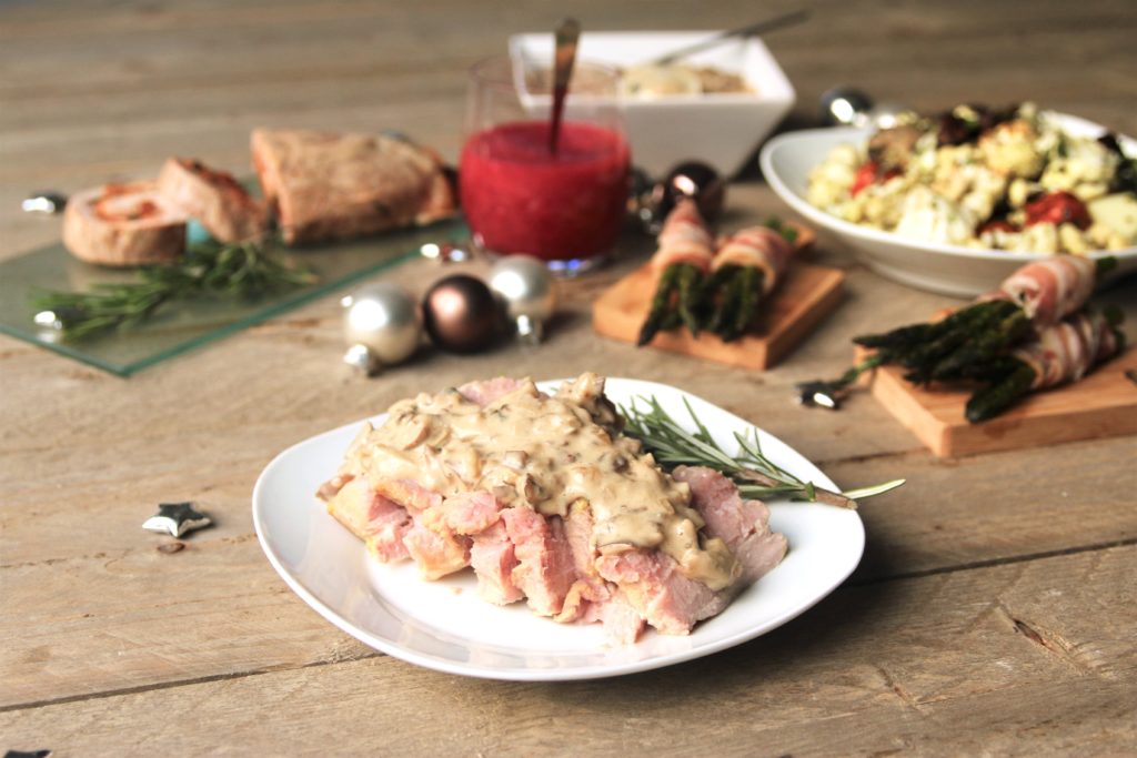 koolhydraatarme beenham met champignonsaus